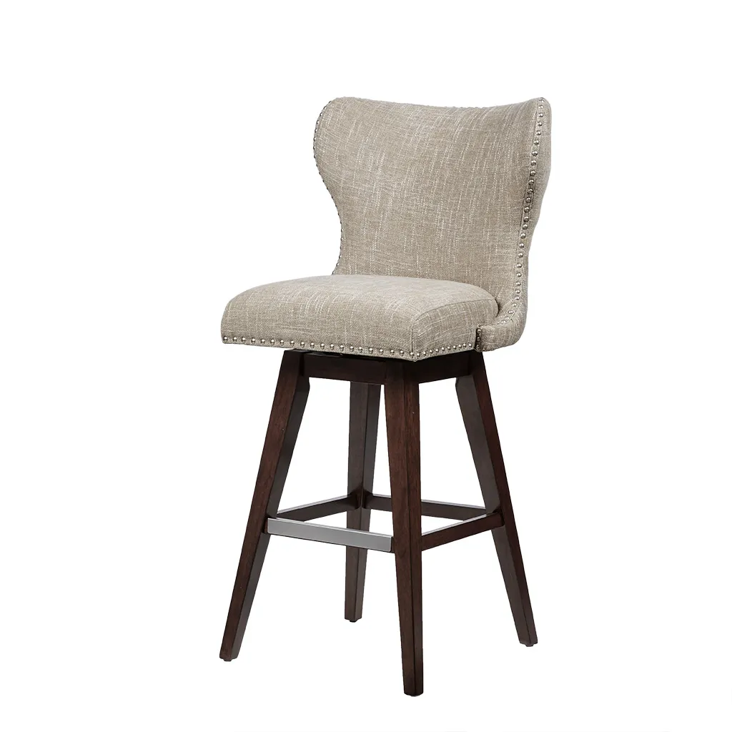 Gracie Mills Vargas Upholstered High Wingback Button Tufted 30" Swivel Bar Stool with Nailhead Accents