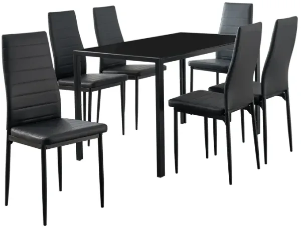 Ned 7 Piece Dining Set, Black Faux Leather Tall Back Chairs, Metal Table - Benzara