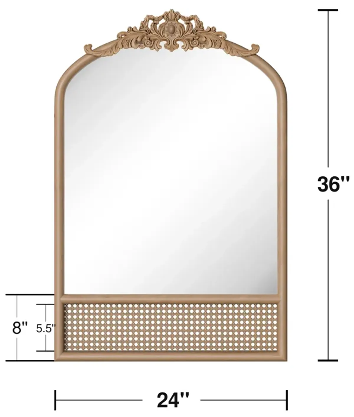 36*24in Classic Rattan Arched Wood Framed Natural Color Wall Mirror