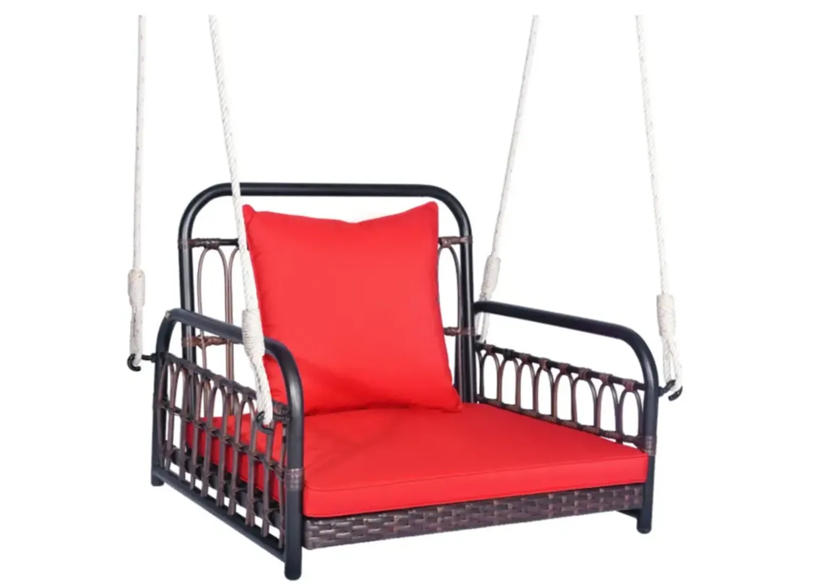 Hivvago Patio Rattan Porch Swing Hammock Chair with Seat Cushion-Red