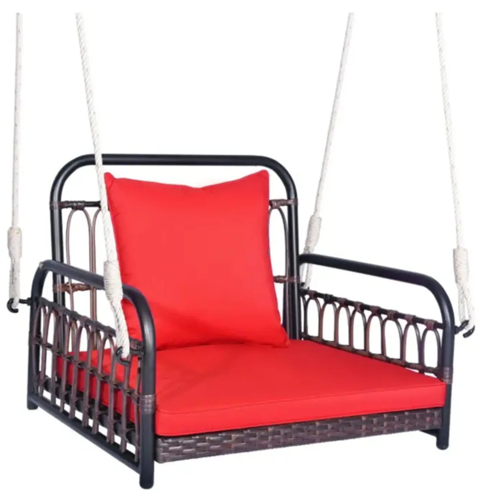 Hivvago Patio Rattan Porch Swing Hammock Chair with Seat Cushion-Red