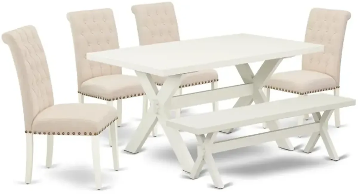 East West Furniture 6-Piece Table Dining Set-Light Beige Linen Fabric Seat and Button Tufted Chair Back Padded Parson Chairs, a Rectangular Bench and Rectangular Top Dining room Table with Solid Wood