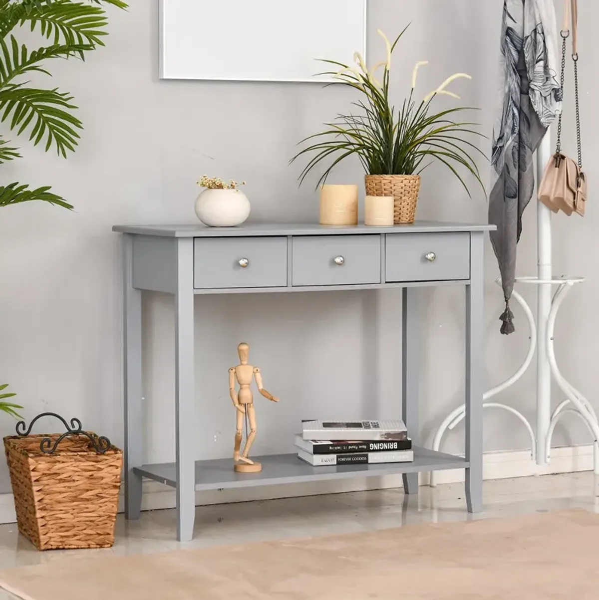 Grey Industrial Entryway: Console Table with Drawer & Shelf