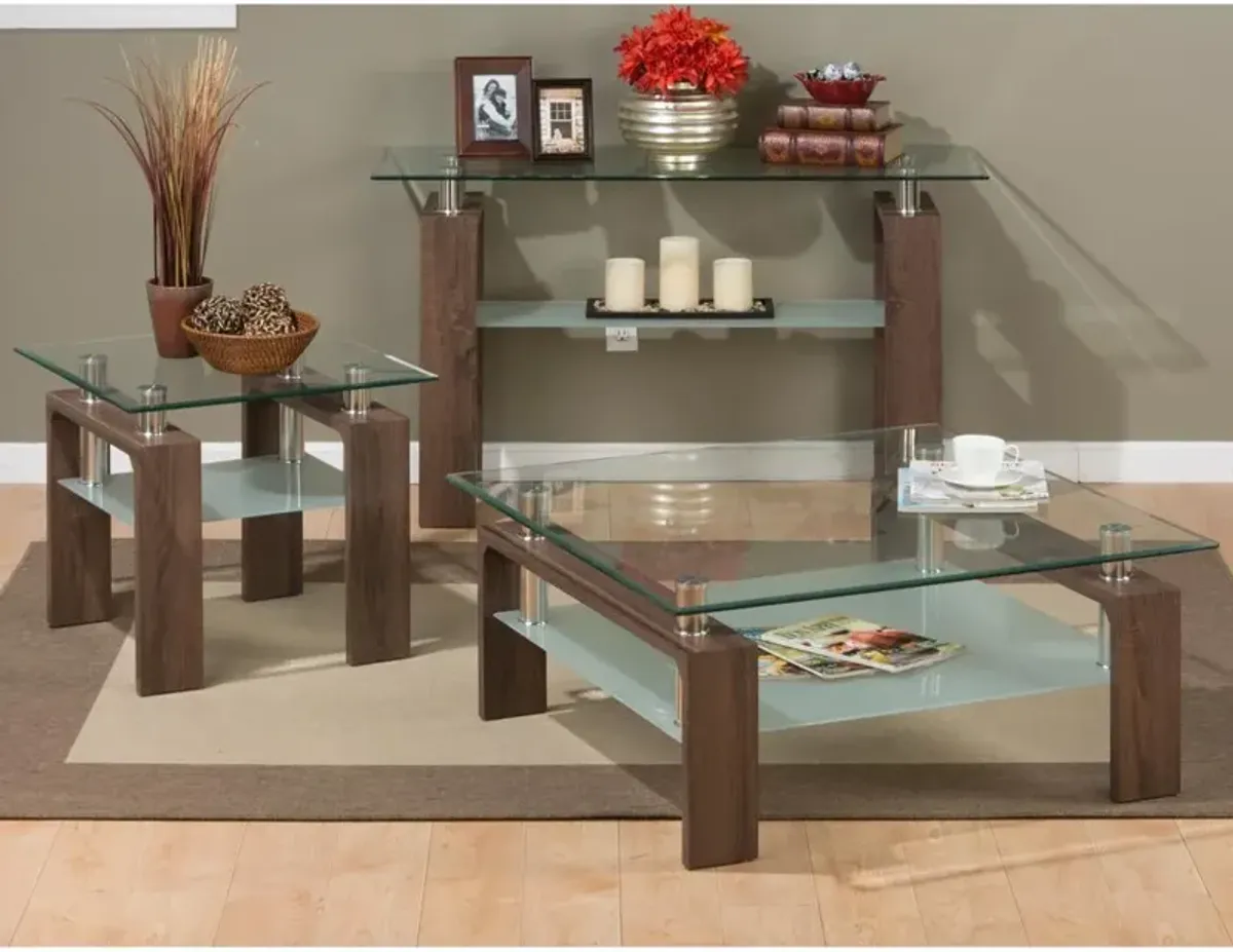 Jofran Compass Clear Modern Glass Sofa Table, Brown Wood and Glass