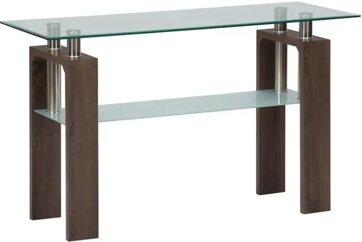 Jofran Compass Clear Modern Glass Sofa Table, Brown Wood and Glass