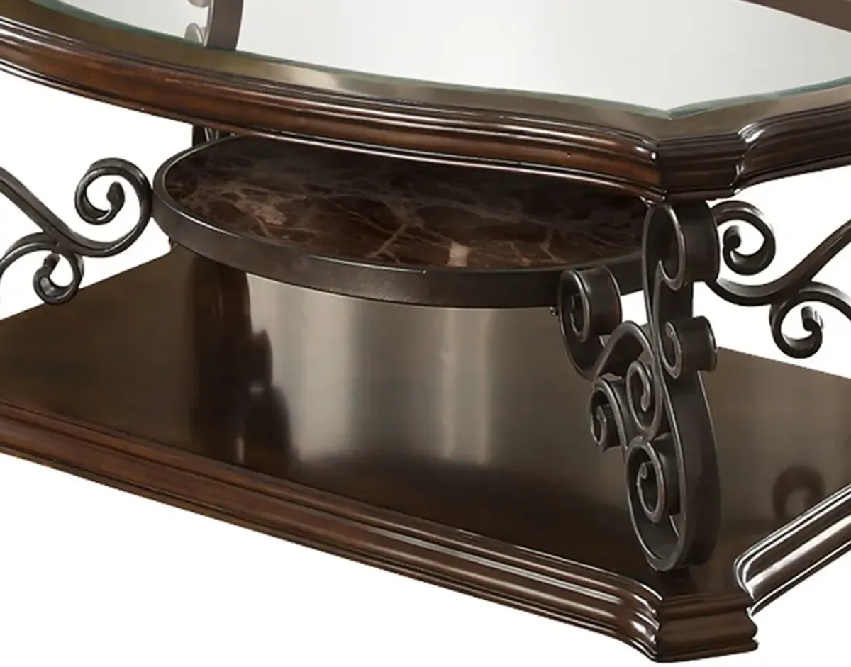 Tempered Glass Top Wooden Coffee Table with Ornate Metal Scrollwork, Brown-Benzara