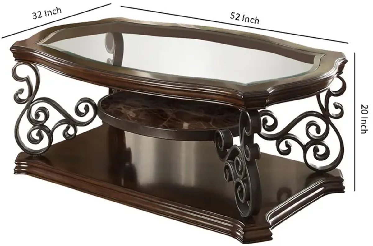 Tempered Glass Top Wooden Coffee Table with Ornate Metal Scrollwork, Brown-Benzara