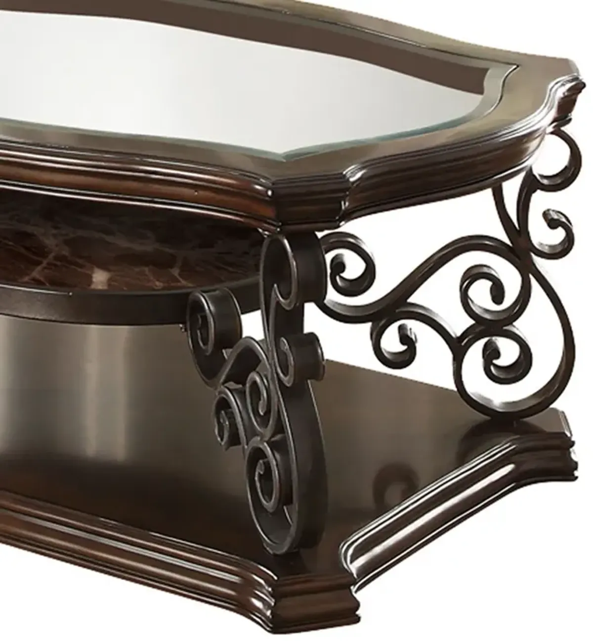 Tempered Glass Top Wooden Coffee Table with Ornate Metal Scrollwork, Brown-Benzara