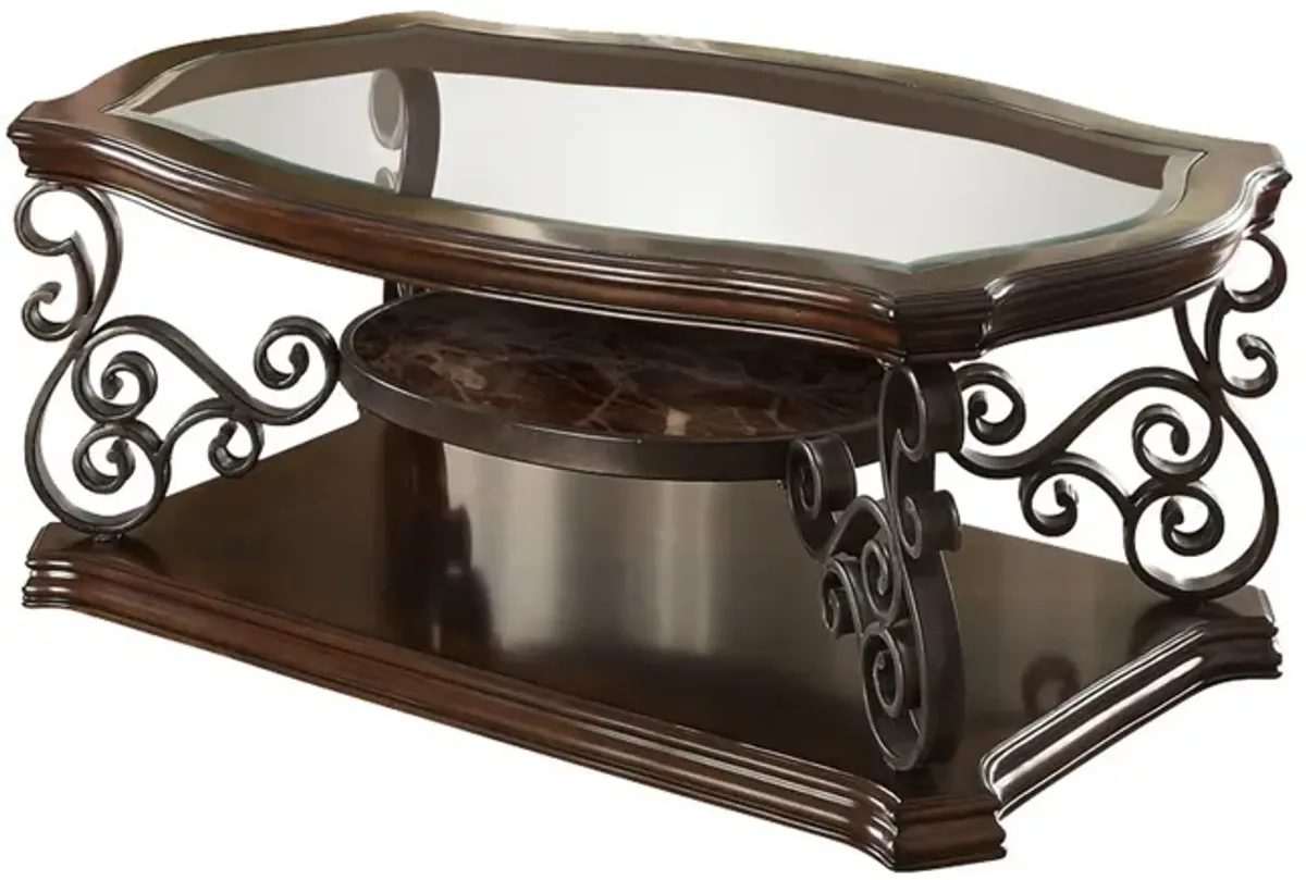 Tempered Glass Top Wooden Coffee Table with Ornate Metal Scrollwork, Brown-Benzara