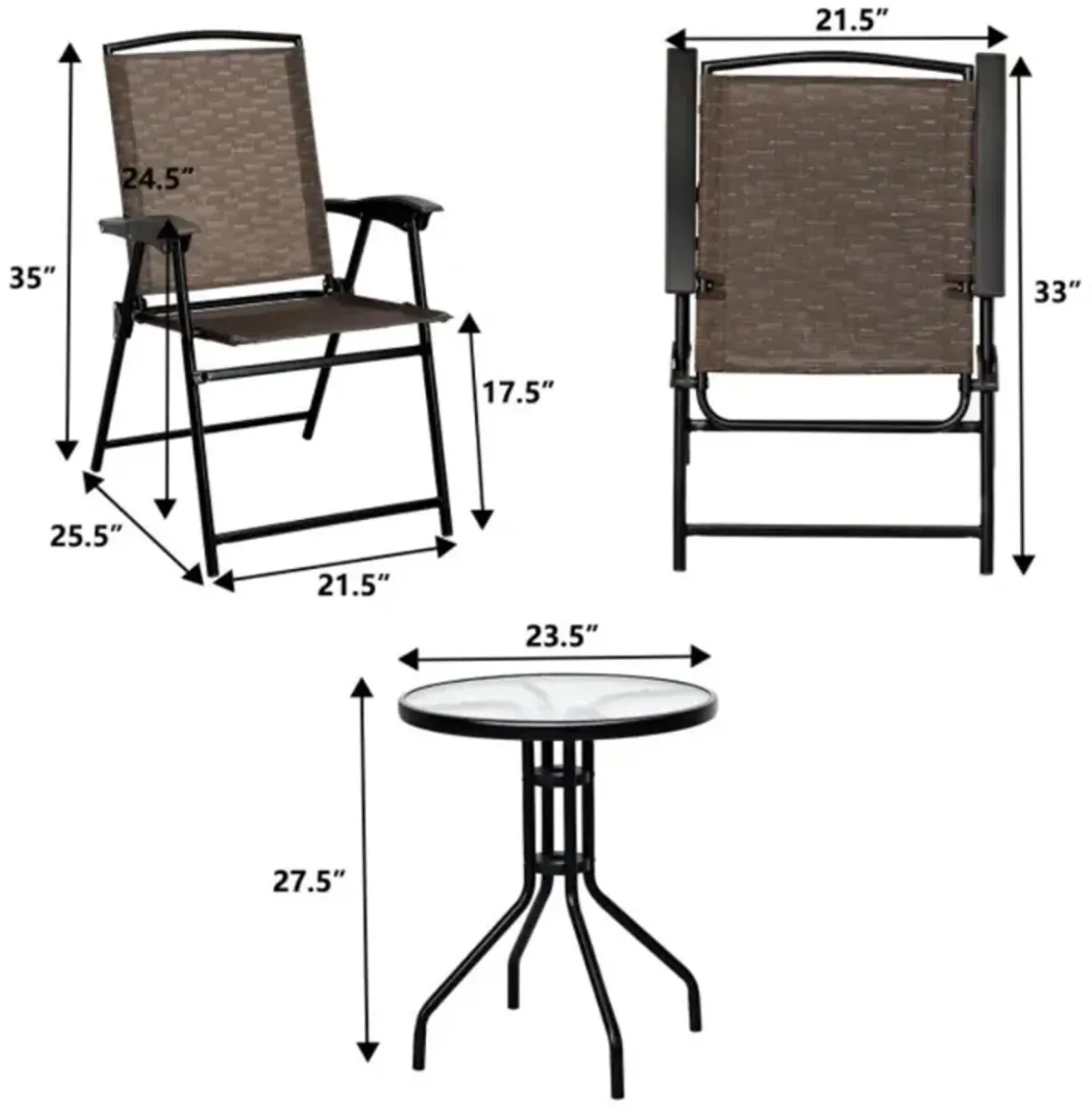 Hivvago 3 Pieces Bistro Patio Garden Furniture Set with Round Table and Folding Chairs