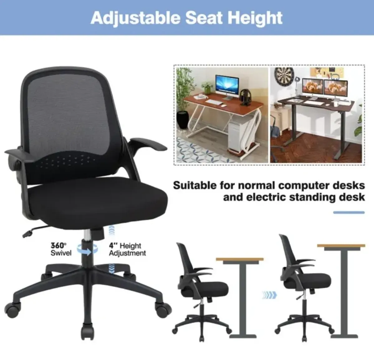 Hivvago Adjustable Mesh Office Chair Rolling Computer Desk Chair with Flip-up Armrest