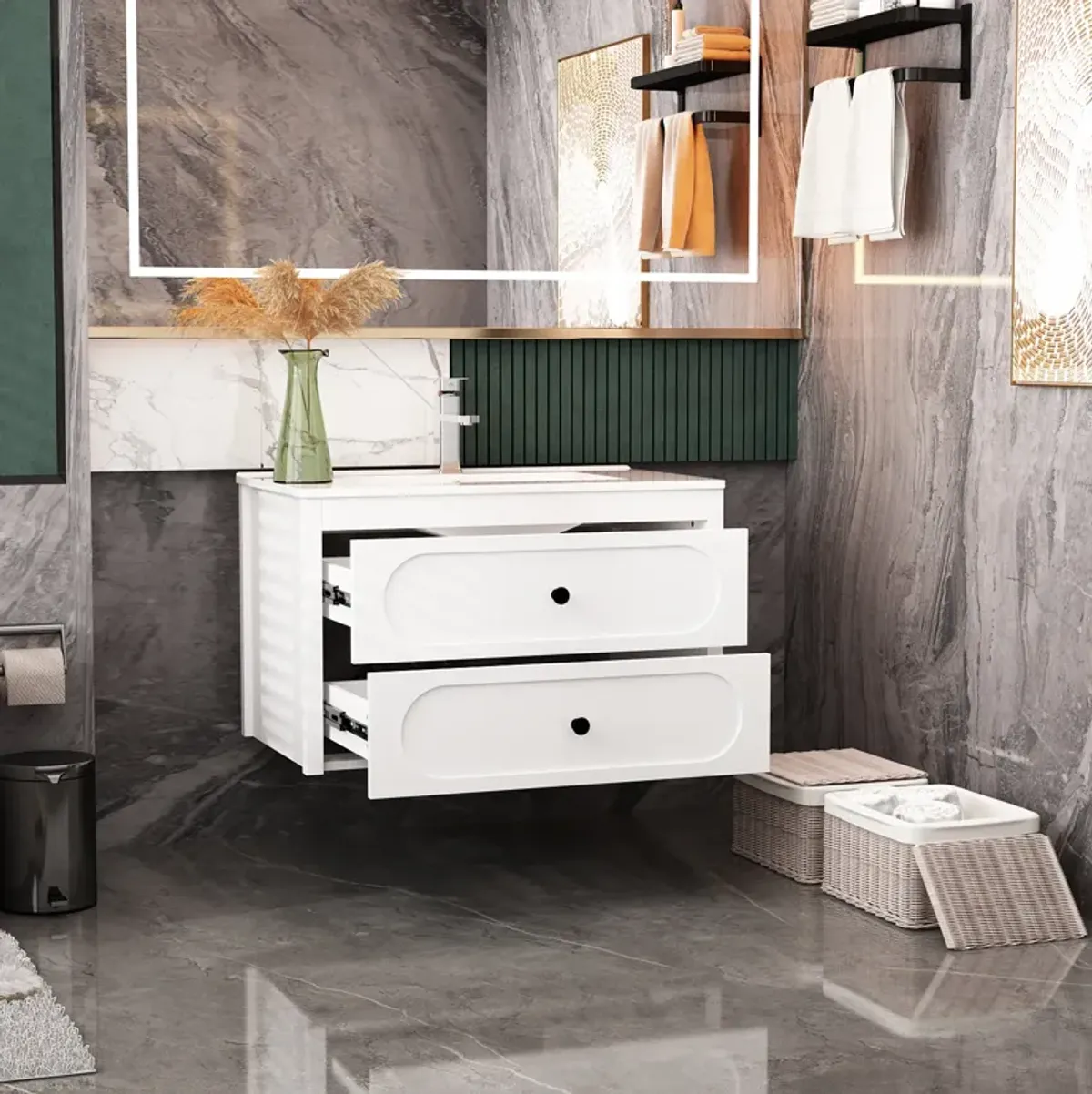 FUFU&GAGA Elegant White Bathroom Vanities with Dual Drawers and Sink,(29.9" W x 18.3" D x 18.7" H),White