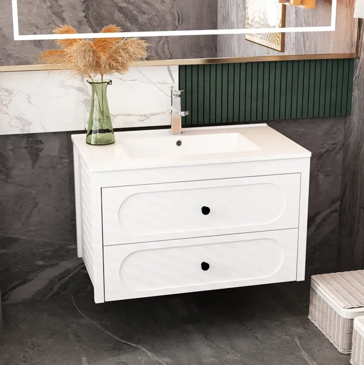 FUFU&GAGA Elegant White Bathroom Vanities with Dual Drawers and Sink,(29.9" W x 18.3" D x 18.7" H),White