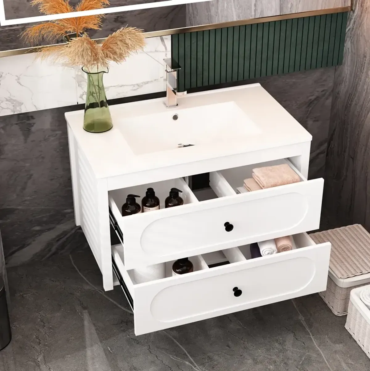 FUFU&GAGA Elegant White Bathroom Vanities with Dual Drawers and Sink,(29.9" W x 18.3" D x 18.7" H),White