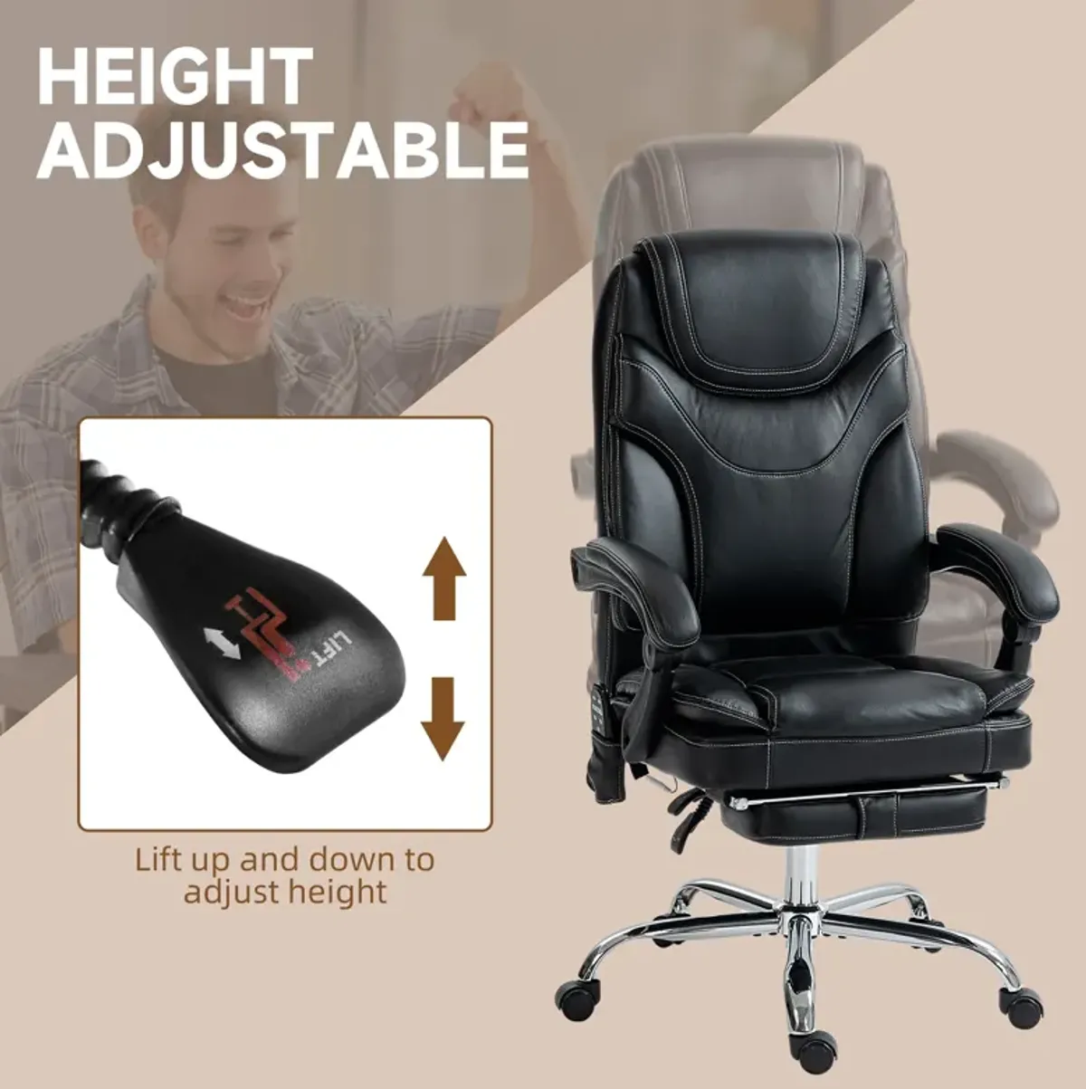 Black PU Leather Massage Chair: 6 Vibration Points, Heated