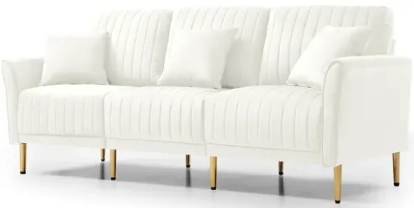 Contemporary Velvet Upholstered 3 Seater Sofa With Deep Channel Tufting And Gold Metal Legs, Cream