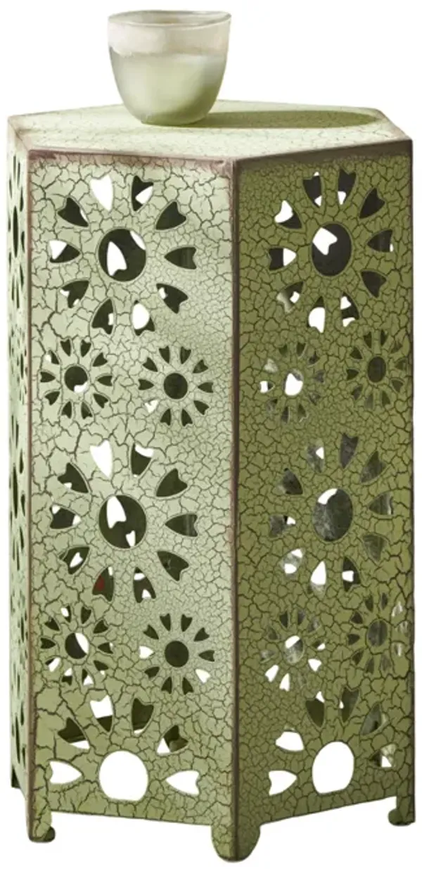 Liana Outdoor Side Table, Hexagonal 14 Inch, Sunburst Cut Out, Green - Benzara