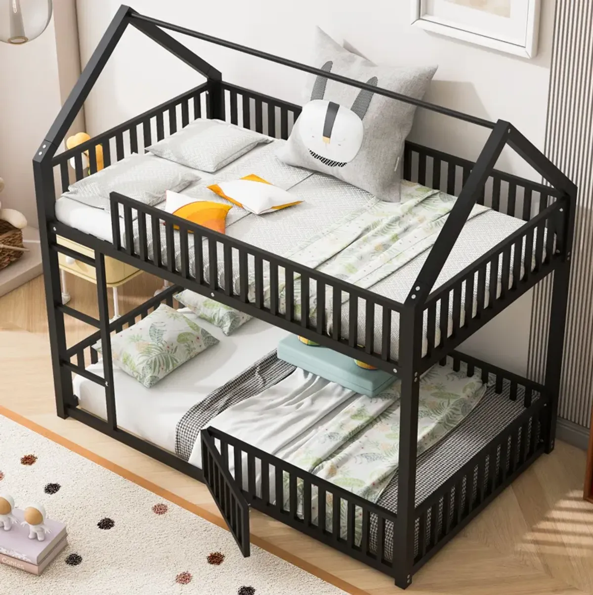 Merax House Bunk Bed with Fence and Door