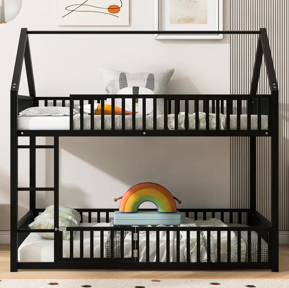 Merax House Bunk Bed with Fence and Door