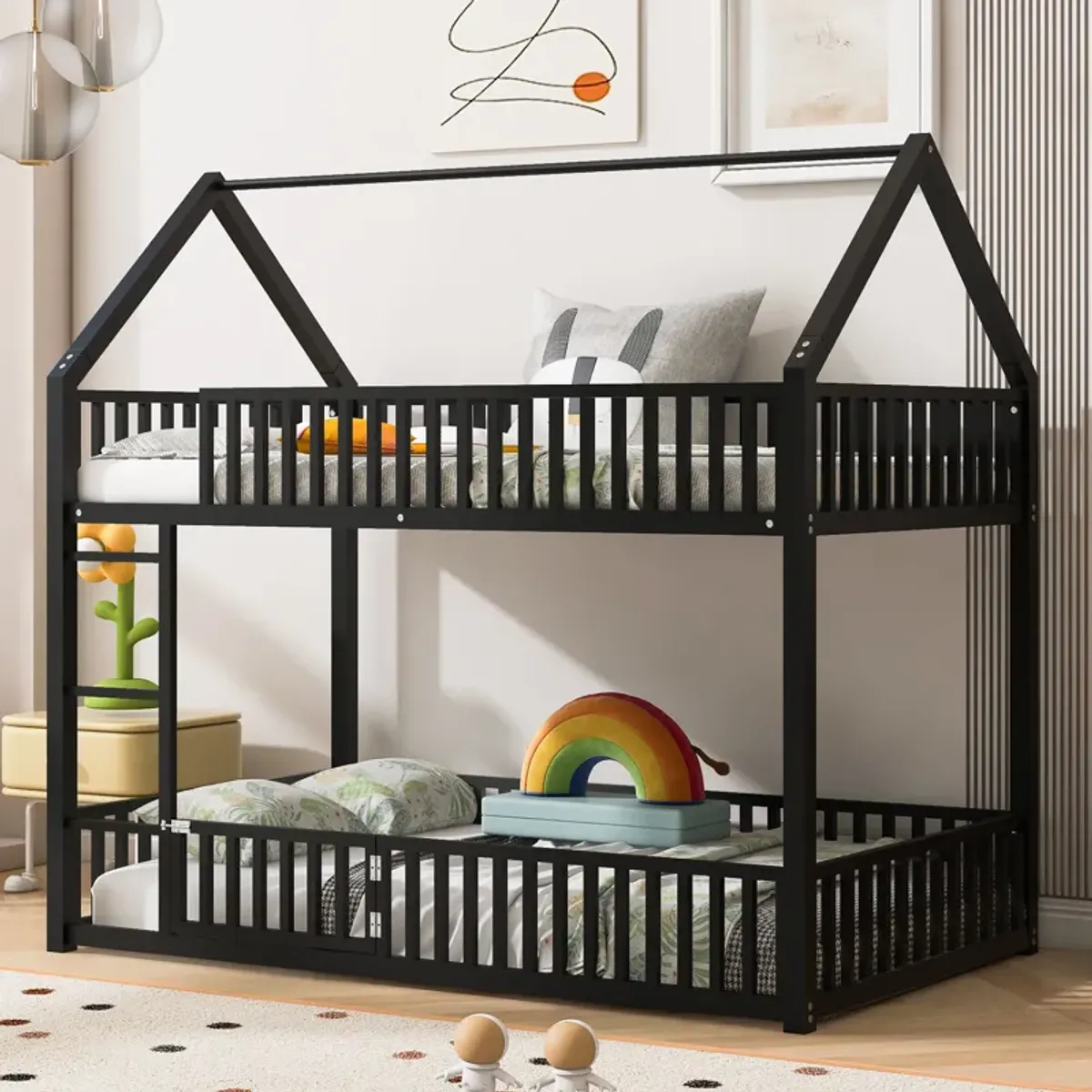 Merax House Bunk Bed with Fence and Door