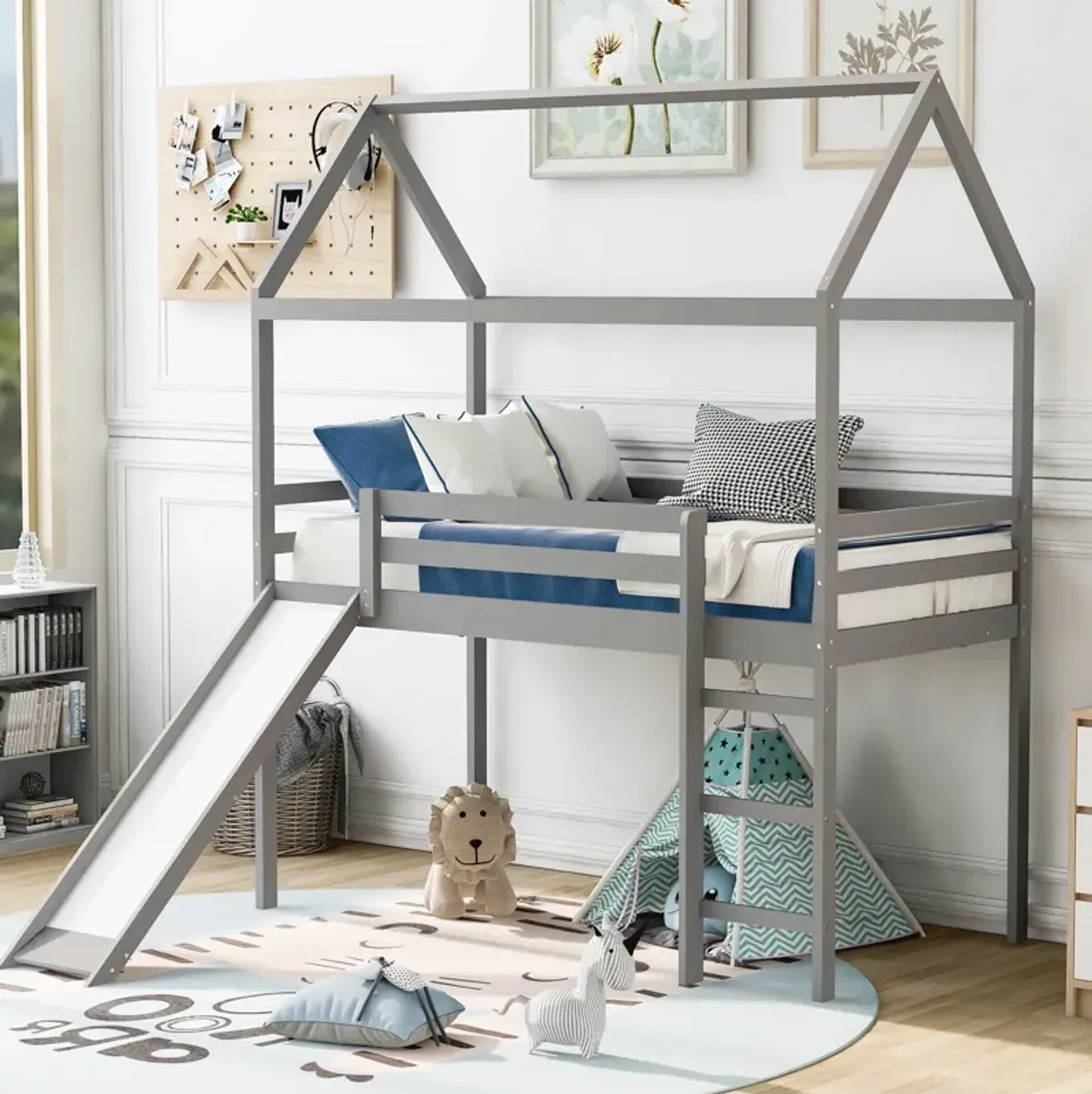 Merax Kids Children House Bed Loft Bed with Slide