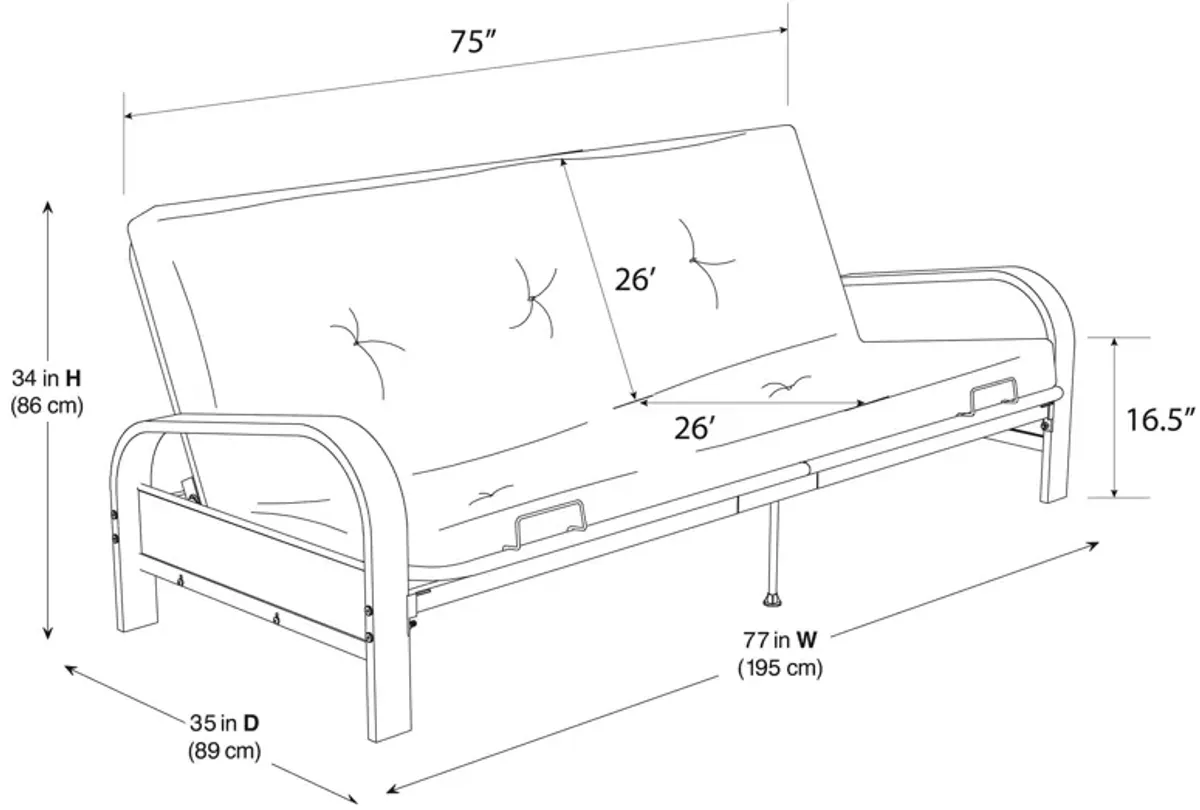 Atwater Living Max Black Metal Arm Full Size Futon Frame with 6” Thermobonded High Density Polyester Fill Futon Mattress