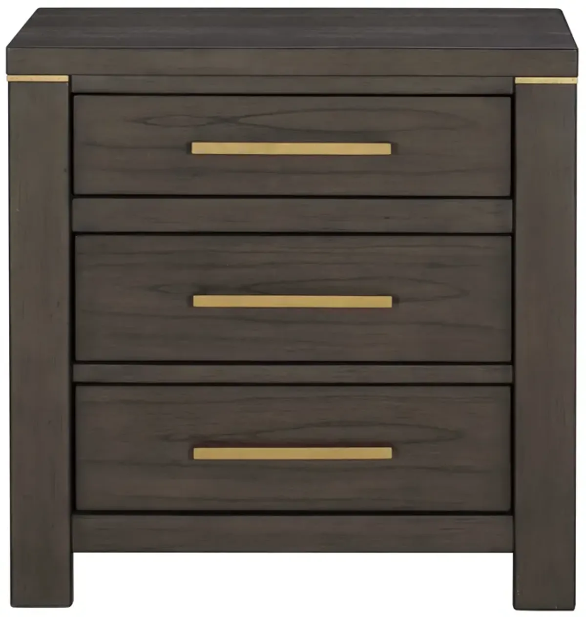 Carie 29 Inch Nightstand, 3 Drawers, Gold Accent Handles, Brown Gray Wood - Benzara