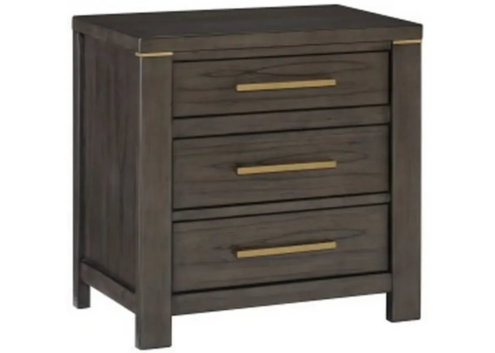 Carie 29 Inch Nightstand, 3 Drawers, Gold Accent Handles, Brown Gray Wood - Benzara