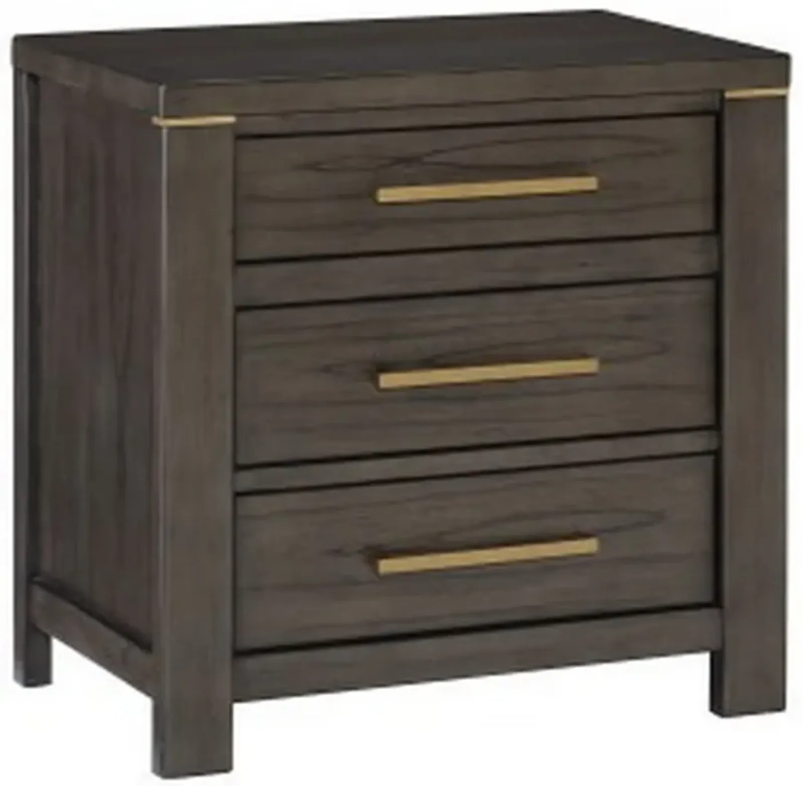 Carie 29 Inch Nightstand, 3 Drawers, Gold Accent Handles, Brown Gray Wood - Benzara