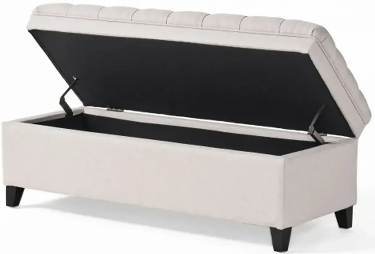 Rhya Storage Bench Ottoman, 50 Inch Seat, Button Tufted Gray Fabric - Benzara