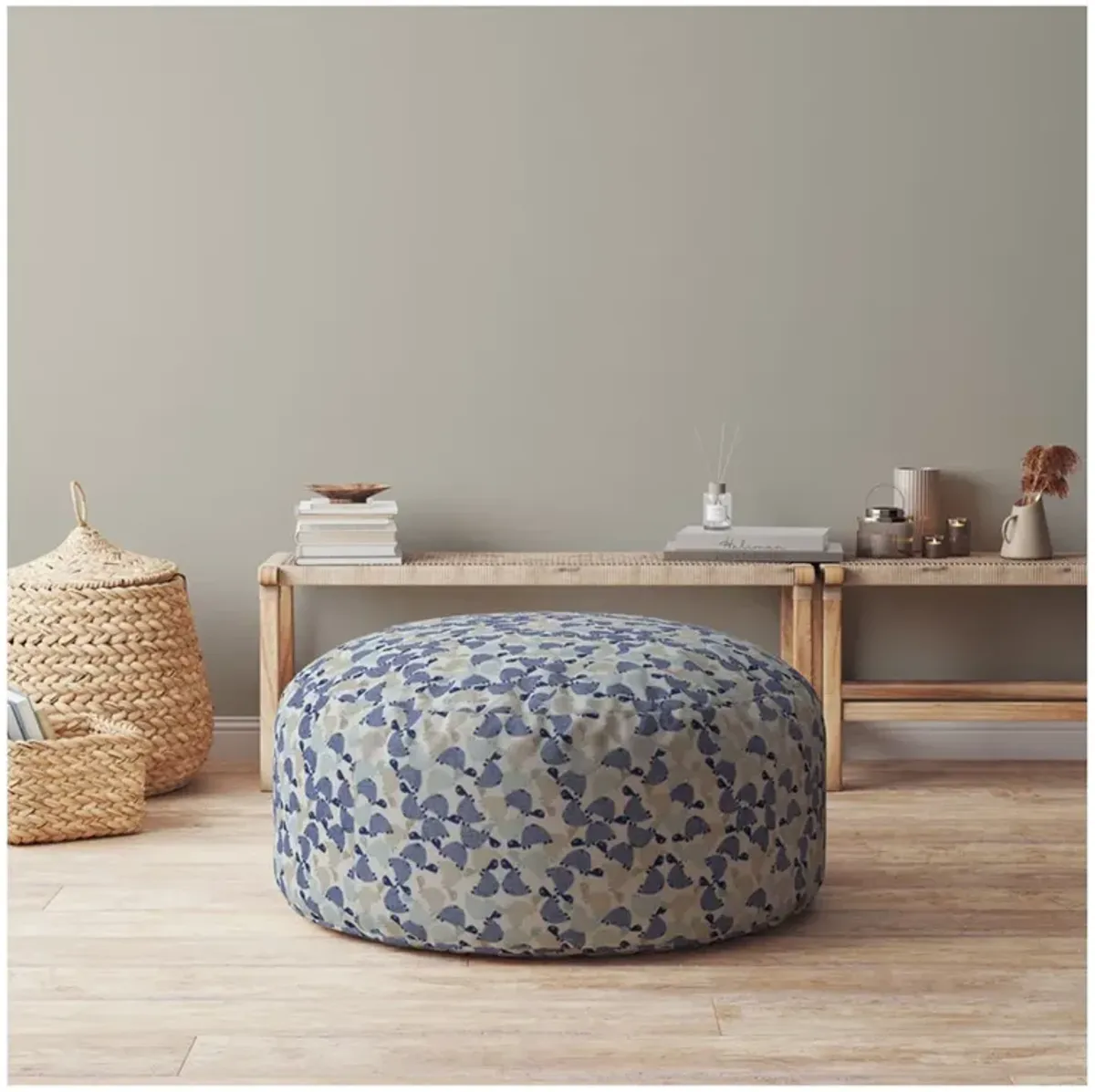 Homezia 24" Beige Round Animal Print Pouf Ottoman