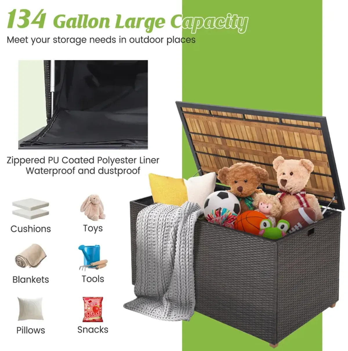 134 Gallon Rattan Storage Box with Zippered Liner and Solid Acacia Wood Top