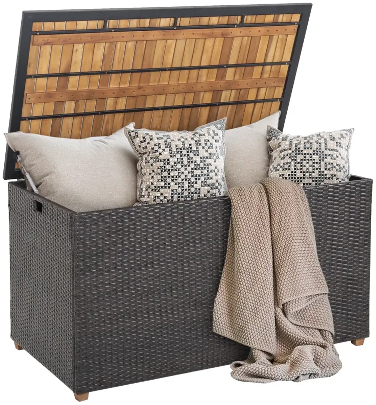 134 Gallon Rattan Storage Box with Zippered Liner and Solid Acacia Wood Top