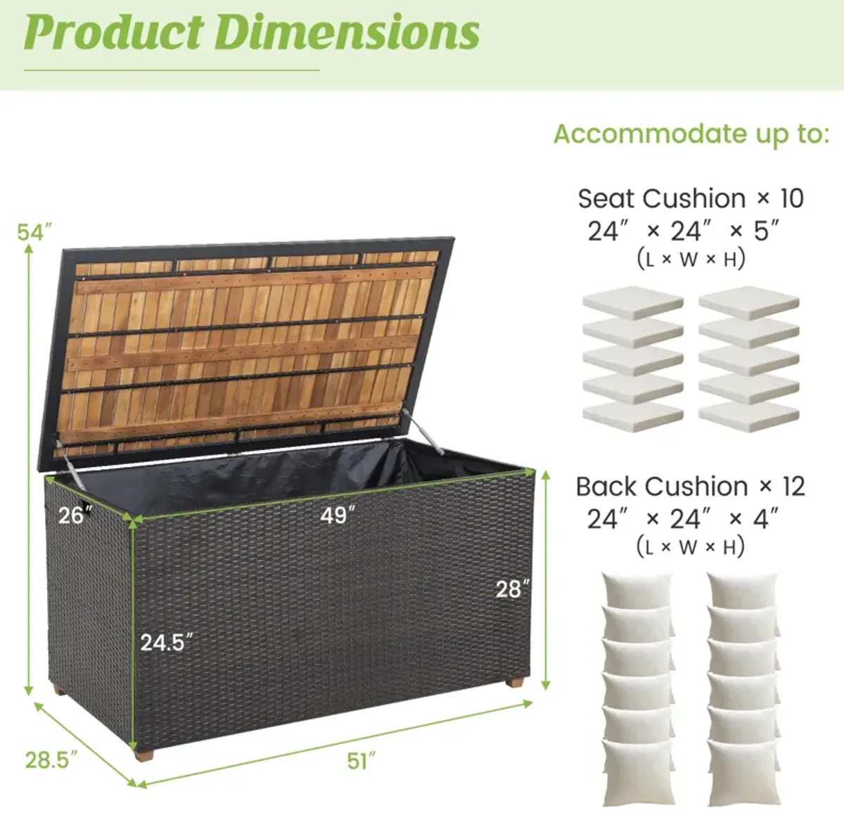 134 Gallon Rattan Storage Box with Zippered Liner and Solid Acacia Wood Top