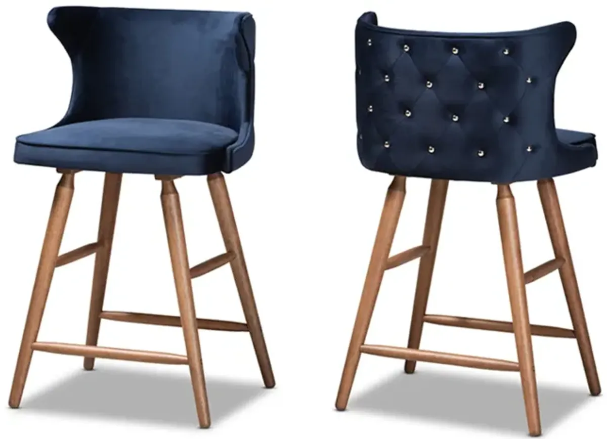 Baxton Studio Sagira Modern and Contemporary Transitional Navy Blue Velvet Fabric Upholstered and Walnut Brown Finished Wood 2-Piece Counter Stool Set