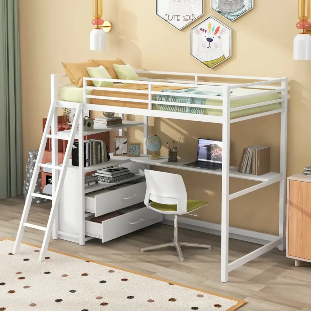 Merax Metal&Wood Loft Bed with Desk and Shelves