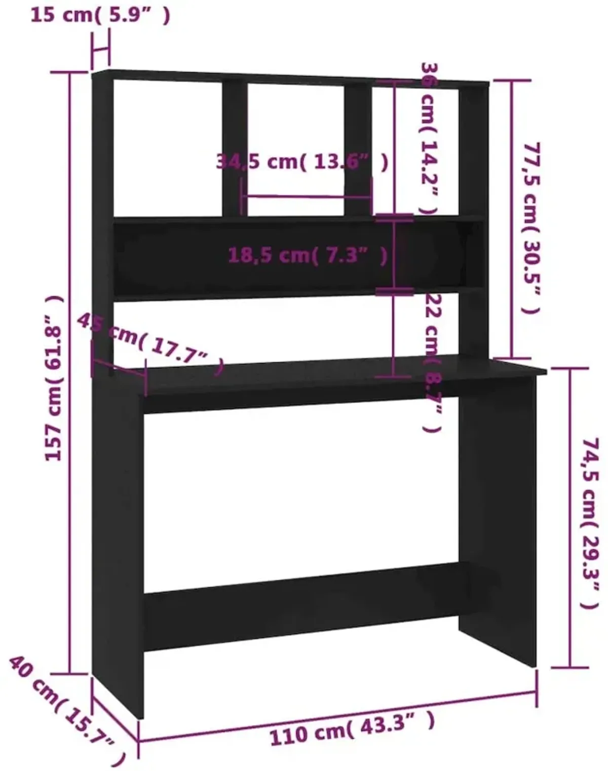 vidaXL Desk with Shelves Black 43.3"x17.7"x61.8" Chipboard