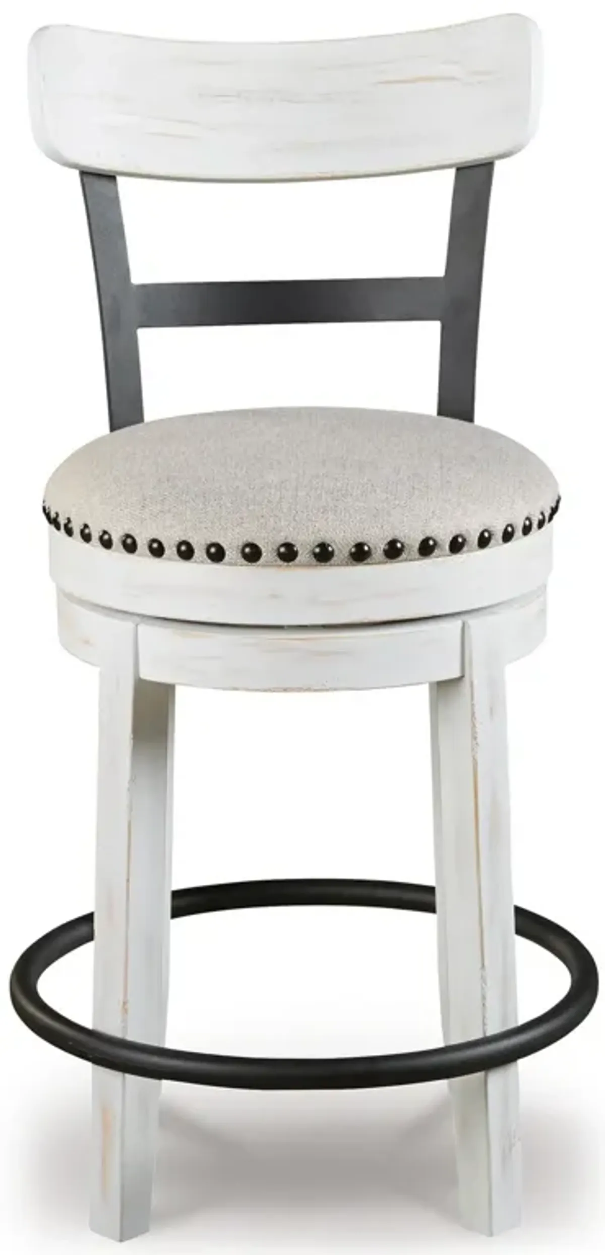 Zane 25 Inch Swivel Counter Height Stool, Round Cushioned Seat, White Wood - Benzara