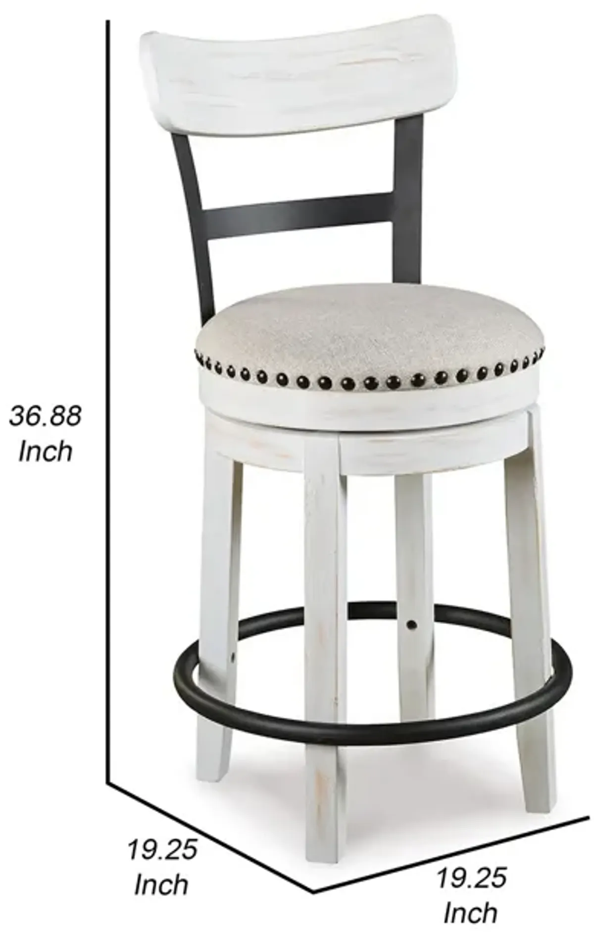 Zane 25 Inch Swivel Counter Height Stool, Round Cushioned Seat, White Wood - Benzara