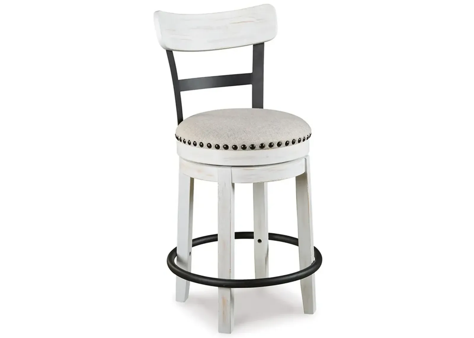 Zane 25 Inch Swivel Counter Height Stool, Round Cushioned Seat, White Wood - Benzara