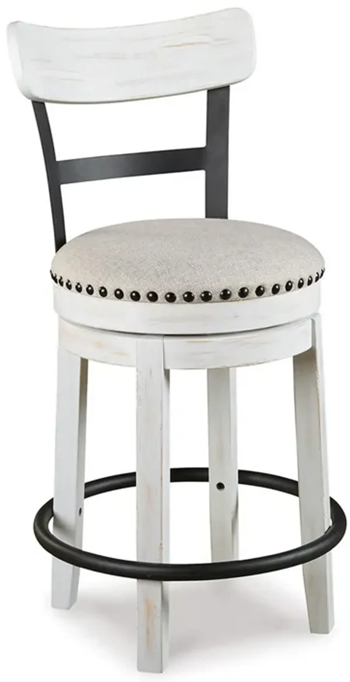 Zane 25 Inch Swivel Counter Height Stool, Round Cushioned Seat, White Wood - Benzara