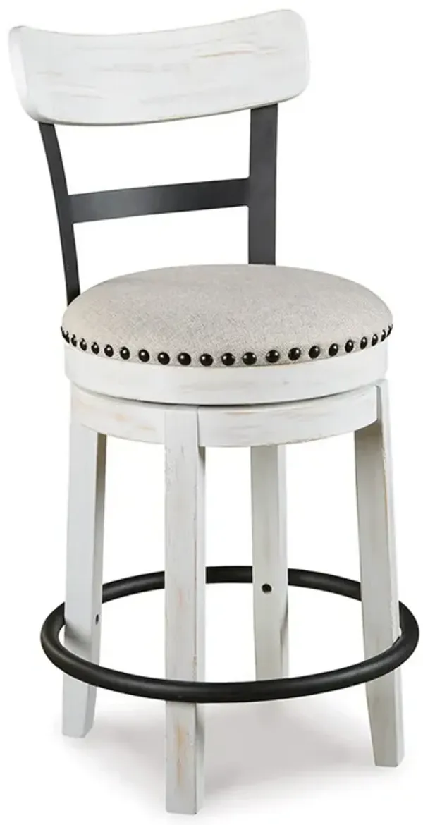 Zane Swivel 24.5 Inch Counter Stool Chair | Nailhead Trim | Curved Back | Distressed White and Black - Benzara