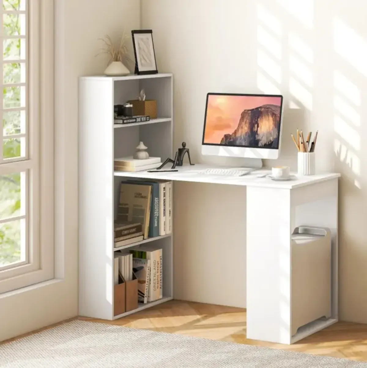 Hivvago 48 Inch Computer Desk with 4-Tier Bookcase and CPU Stand