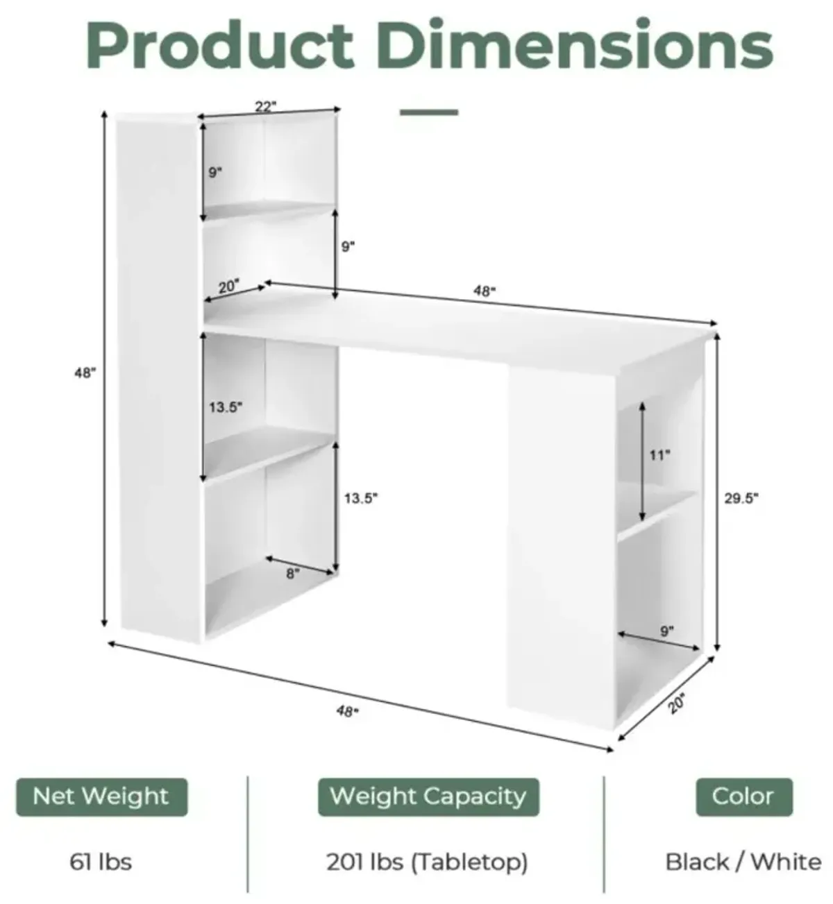 Hivvago 48 Inch Computer Desk with 4-Tier Bookcase and CPU Stand