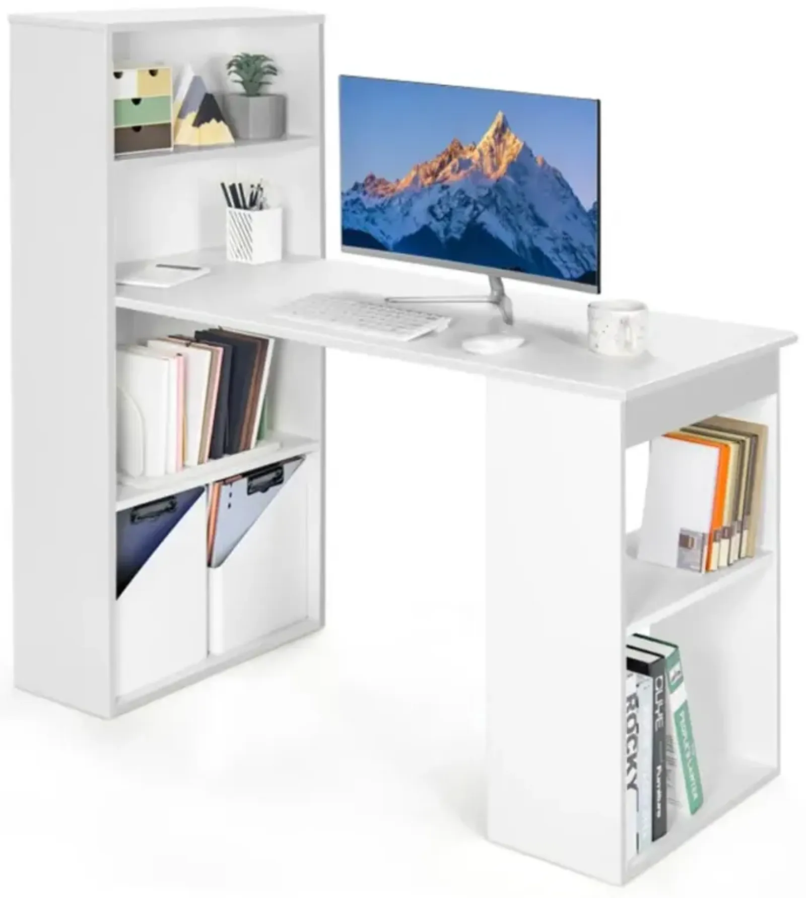 Hivvago 48 Inch Computer Desk with 4-Tier Bookcase and CPU Stand