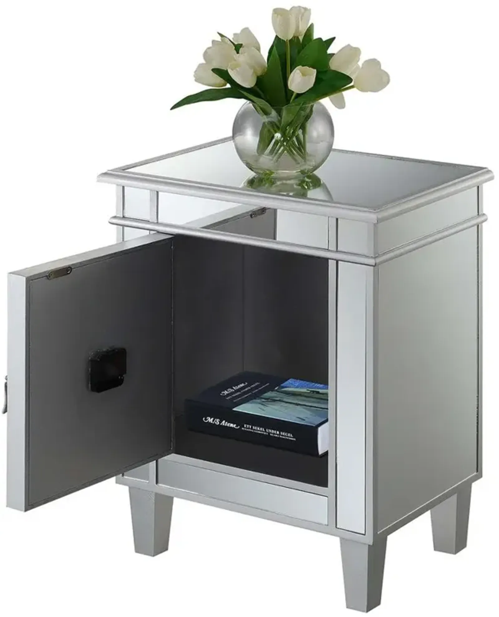 Convenience Concepts Gold Coast Clock End Table with Storage Cabinet, Mirror/Silver