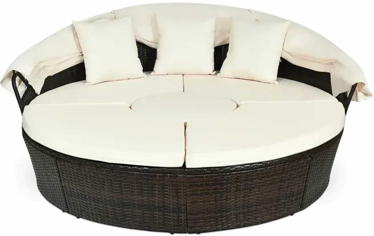 Patio Round Rattan Daybed with Retractable Canopy and Height Adjustable Coffee Table