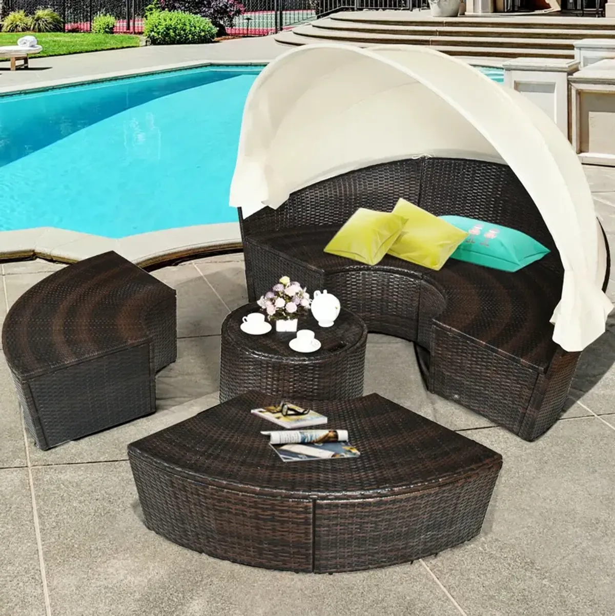 Patio Round Rattan Daybed with Retractable Canopy and Height Adjustable Coffee Table