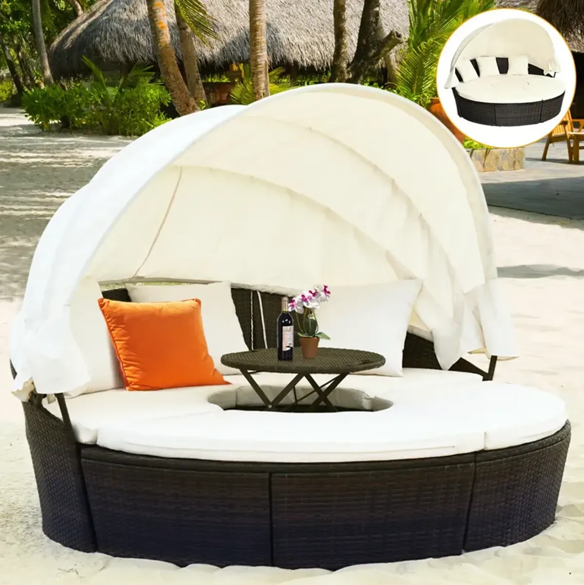 Patio Round Rattan Daybed with Retractable Canopy and Height Adjustable Coffee Table