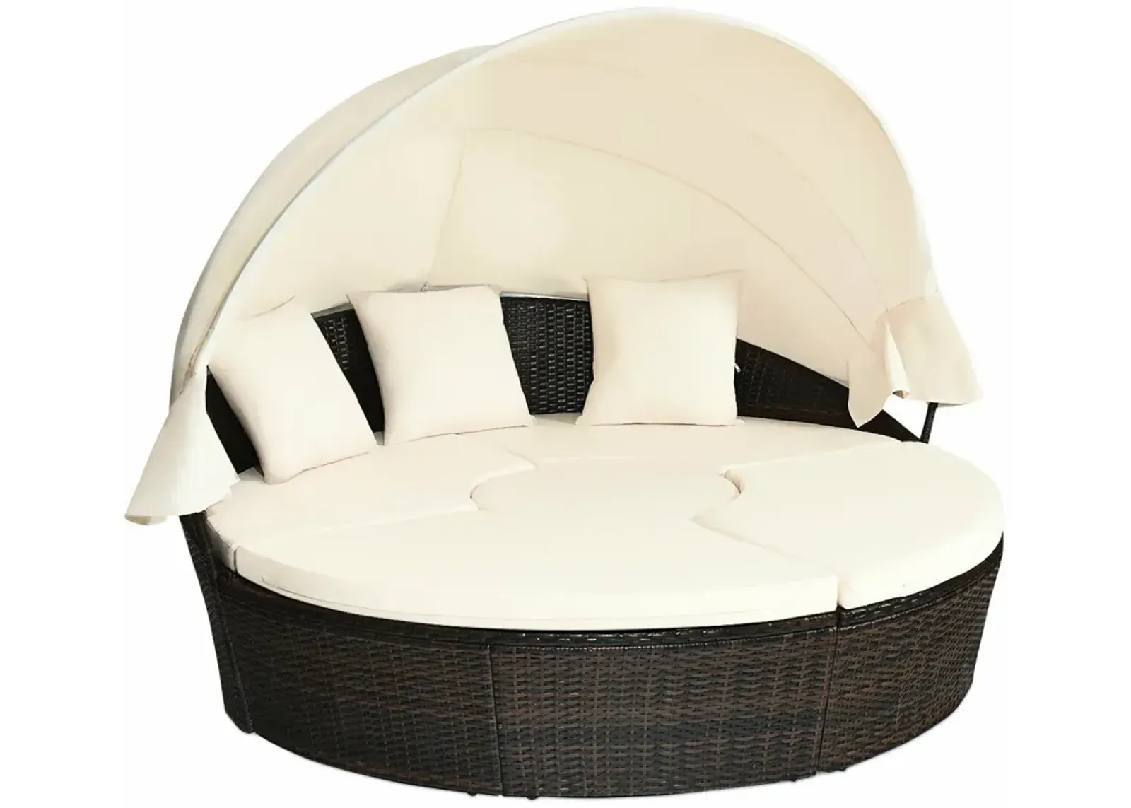 Patio Round Rattan Daybed with Retractable Canopy and Height Adjustable Coffee Table